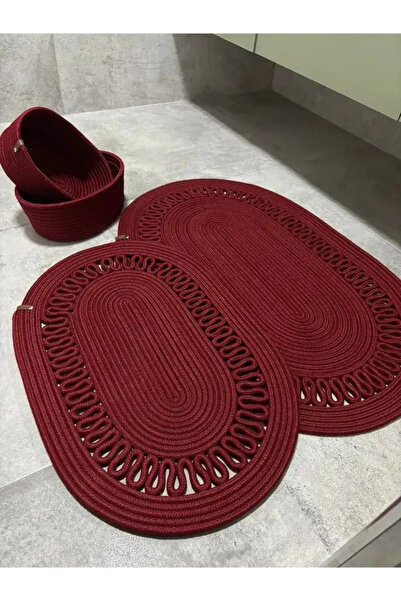 4 Parça Jüt Hasır Görünümlü Desenli Banyo Paspas Seti – Oval Sepet – Lüks Banyo Takımı – 14 Renk