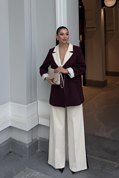Kontrast Detaylı Garnili Blazer Palazzo Takım Krem-Mürdüm 1219 7