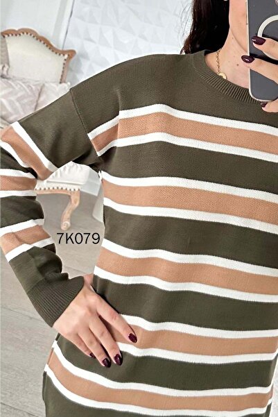 İnce Topuk Crew Neck Striped Knitwear Blouse 7K079