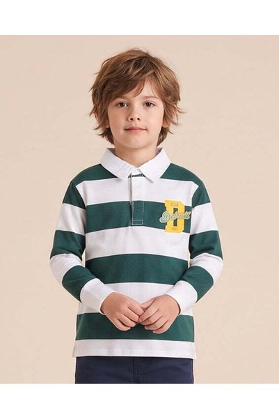 REDTAG Boys Green And White Striped Polo Shirt
