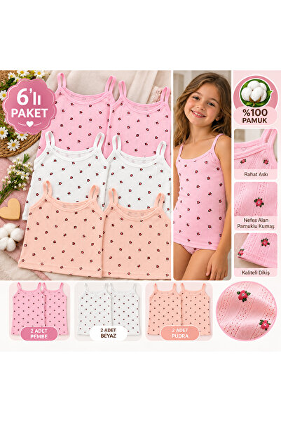 Quatarze Özten Girls' 6-Pack 100% Cotton Floral Patterned Ribbed Strap Unders...