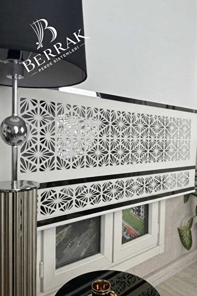 BerrakPerde Luxury Gümüş çıtalı Kırık Beyaz Renk Çift sıra Lazer desenli Avan...