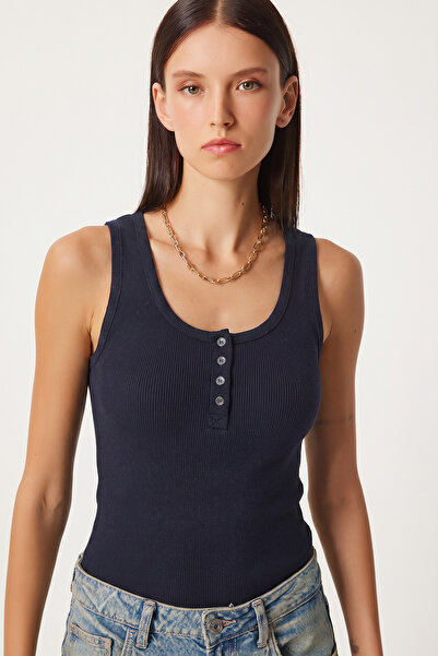 Lovelyİstanbul Buttoned Ribbed Knitted Undershirt Lrn0059 Dark Blue