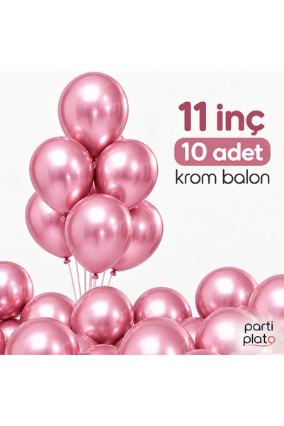 Parti Plato Krom Pembe Balon 11 İnç 10 Adet – Parlak Metalik Lateks Balon, Do...