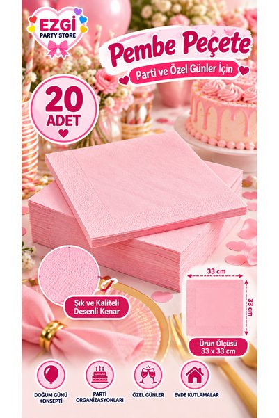 Ezgi Party Store 20 ružičastih salveta, 33x33 cm, za rođendanske tematske zab...