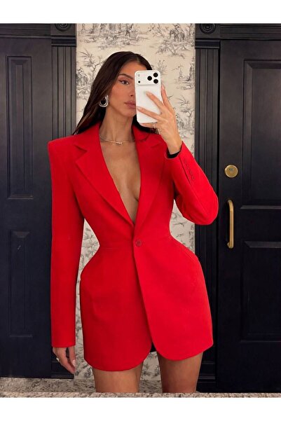 Kadın Kırmızı Blazer Tek Düğmeli Ceket