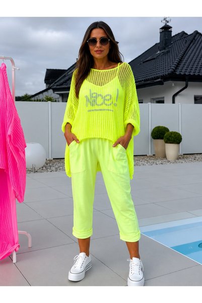 OEM Set galben neon pentru femei – salopetă din spandex cu tur lăsat, top din...