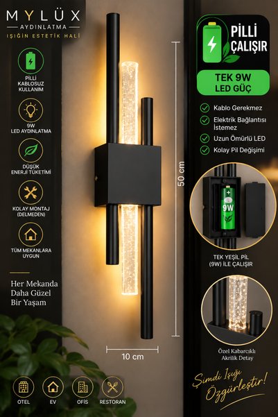 MYLUX AYDINLATMA VE TASARIM MYLÜX Kabarcıklı Kirpi Aplik Siyah Pilli Kablosuz...