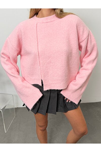 LEA Women's Pink Wool Crew Neck Oversize Knitwear Sweater – Soft Textured