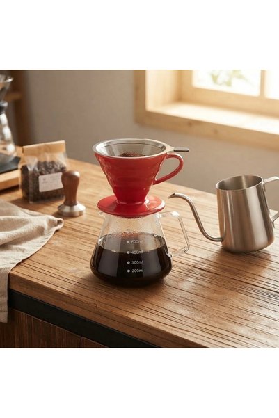 artizanmutfak V60 Red Ceramic Filter Coffee Brewing Set Steel Kettle and Stee...