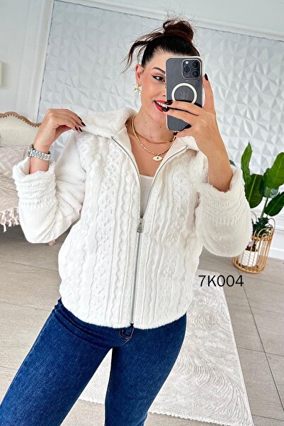 İnce Topuk Embroidery Detail Rabbit Textured Fur Jacket 7K004
