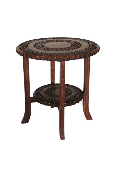 Ahşap Oymalı Pirinç Kakmalı 2 Katlı Sehpa 44x44x47 cm. KNA599-1