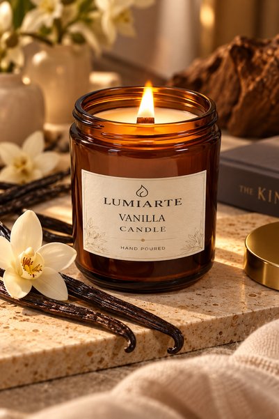 Lumiarte Vanilya Kokulu Mum 210 ml – Amber Cam Kavanoz, Metal Kapaklı, Ahşap ...