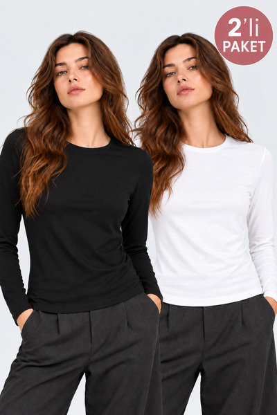 Nuevo Women's 2-Piece Basic Long Sleeve Crew Neck Body Blouse Black and White...