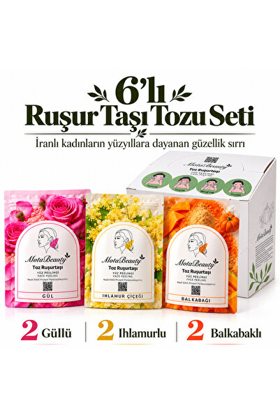 Toz Ruşur Taşı (İran Sefidab) Doğal Yüz Peelingi - 6'lı paket (Gül*2, Balkabağı*2, Ihlamur*2) - Cilt Tonu Eşitleme, Ölü Deri Arındırma, Siyah Nokta Karşıtı