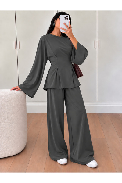peri tower Women's Modal Waist-Fitted Flared Sleeve Wide Leg Pants Two-Piece ...