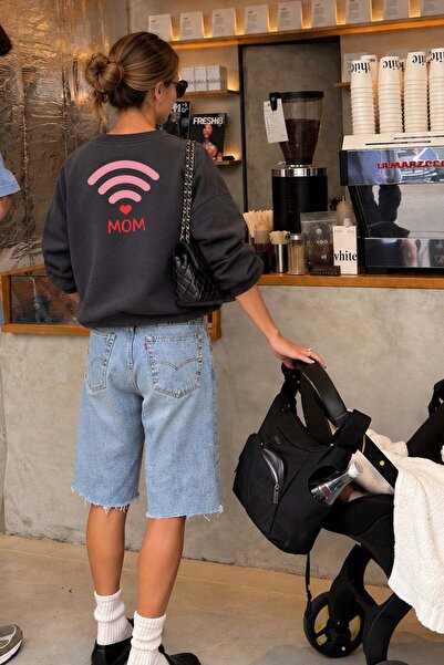 Monila Kadın Premium Kumaş 3 İplik Sırtı Mom Baskılı Sweatshirt