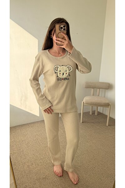 Hepsi Moda Bisiklet Yaka Peluş Koala Nakışlı Pijama Takımı - Taş