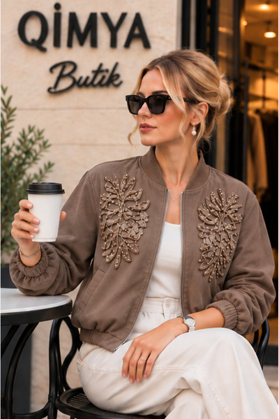 QİMYA BUTİK Egzoti̇k Asorti̇k Women's Chest Beaded Embroidered Lined Thin Premium Bomber Jacket