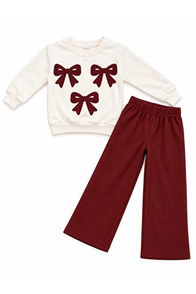 Generic Brand Compleu fete crem-bordo cu fundițe – bluză și pantaloni evazați