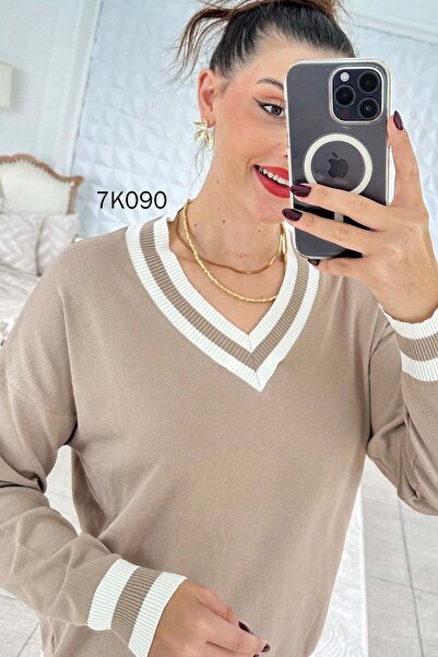 İnce Topuk V-Neck Collar Striped Knitwear Blouse 7K090