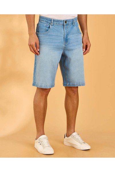 REDTAG Men Blue Plain Bermuda Shorts