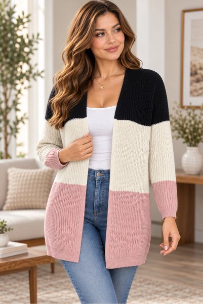 AQE FASHION Women's Open-Front Long Sleeve Color-Decorated Woven Detailed Sof...