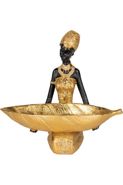 Herdekora Dekoratif Biblo Yaprak Sepetli Afrikalı Kadın Gold-Siyah 22x22 Cm.