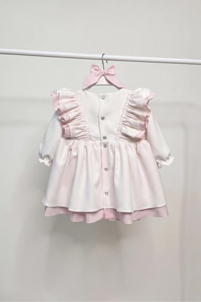 Bertuğ Bebek Pink Ruffles and Bow Detail White Crepe Girls' Baby Dress