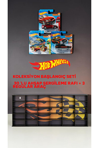 HOT WHEELS Koleksiyona başlangıç seti 30'lu ahşap sergileme rafı + 3 regular ...