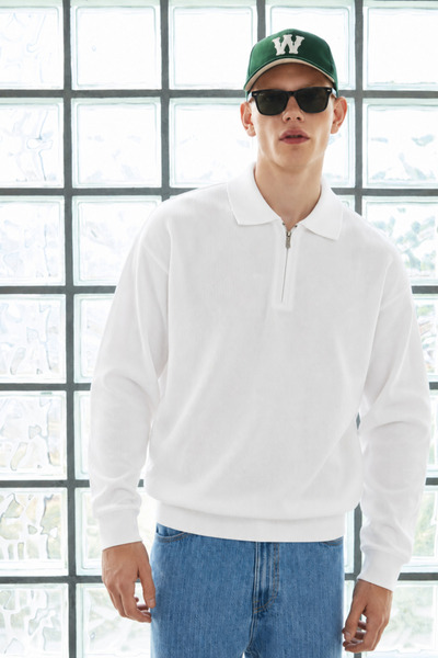 DAMGA JEANS Men's Polo Collar Half Zipper Loose White Sweater