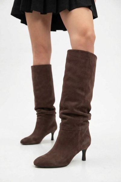 BYBERO Women's Long Ruffled Suede Boots
