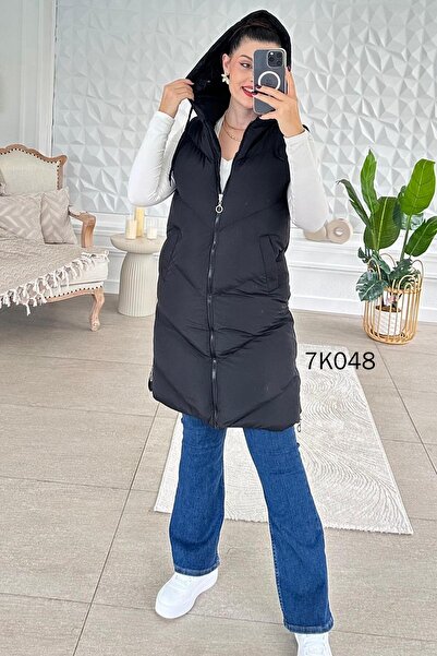 İnce Topuk Hooded Long Puffer Vest 7K048
