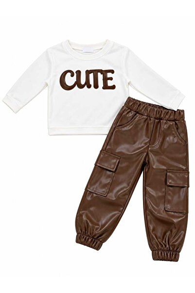 Generic Brand Compleu fete CUTE 2 piese cu bluză crem și pantaloni negri efec...