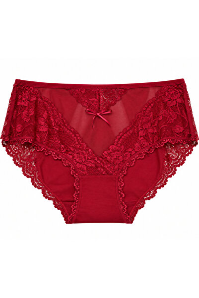 Zena Burgundy High Waist Tulle and Lace Detailed Cotton Women's Panties