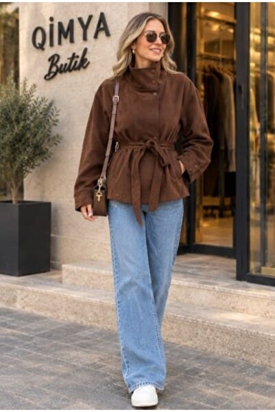 QİMYA BUTİK Egzoti̇k Asorti̇k Women's Elastic Waist Belted Lined Stand Collar...