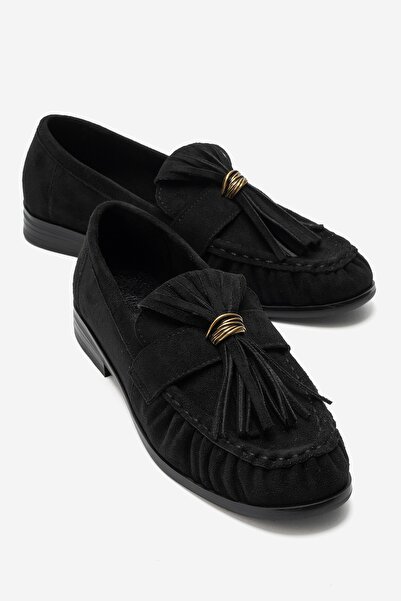 LuviShoes MARSTON Siyah Süet Püsküllü Kadın Loafer Ayakkabı