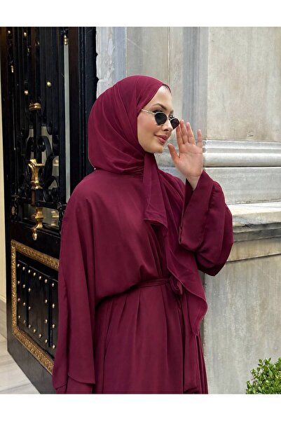 almila şallı şifon abaya uzun kol önden gizli çıtçıtlı çift kat şifon 1.kalite premium abaya