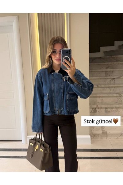 Flow Kadife Yaka Detaylı Crop Kot Ceket