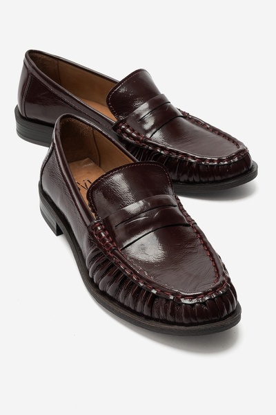 LuviShoes CHEN Bordo Kırışık Rugan Hakiki Deri Kadın Loafer Ayakkabı