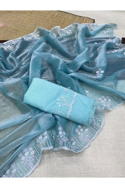 MYSMAR Light Blue Organza Floral Embroidered Saree - KTS9990 | Light Blue & W...