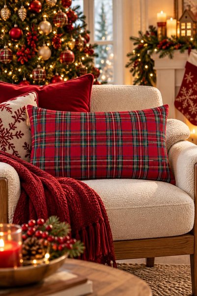 desicap Christmas Themed Plaid Fabric Decorative Throw Pillow Cover 30 × 50 cm 1 Piece