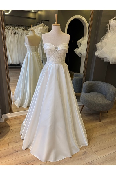 Lenta Wedding Beyaz Lizbon Drape ve Taş Detaylı Kalp Yaka Maxi Boy Abiye Nişa...