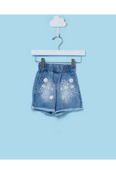 REDTAG Infant Girls Blue Shorts with Embroidery Details