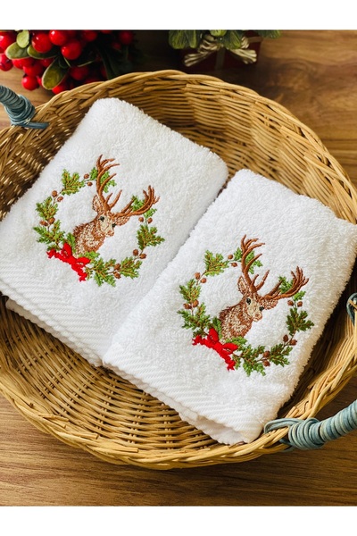 HOME OF BLOSSOM 2Li Christmas Deer Embroidered White Cotton Hand Towel Set 30...