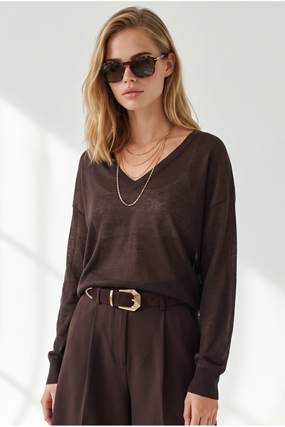 Olalook Women's Brown V-Neck Transparent Loose Knitwear Blouse Blz-19003451