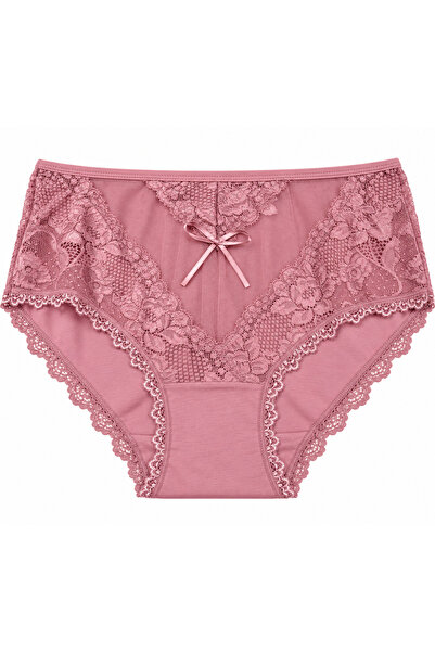 Zena Large Size High Waist Floral Lace Bow Detailed Cotton Women's Panties