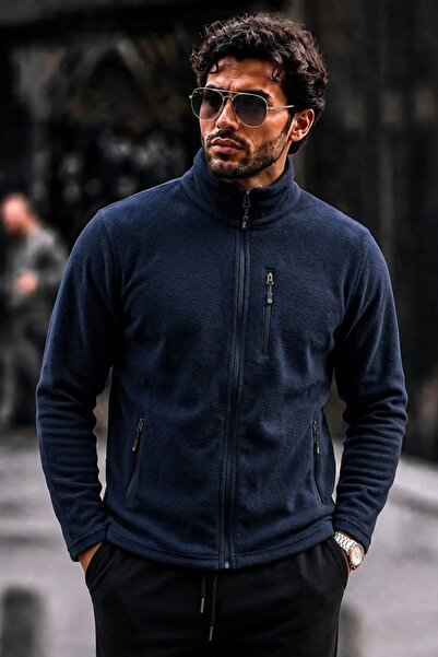 DAMGA JEANS Men's Full Zipper Stand Collar Navy Blue Cardigan Fleece