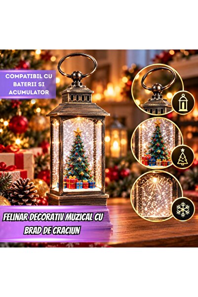 Infiniteea ™   Figurină Felinar de Crăciun, Glob muzical cu brad iluminat, Lumină LED caldă, Sistem de ventilator cu efect de zăpadă, Dimensiuni 8x8x22 cm, Calitate premium, Melodii de sărbătoare, Ornament decorativ