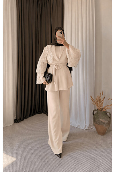 Hepsi Moda Blazer Yaka Simli Kol Kuşaklı Pantolonlu Takım - 5786 - Bej